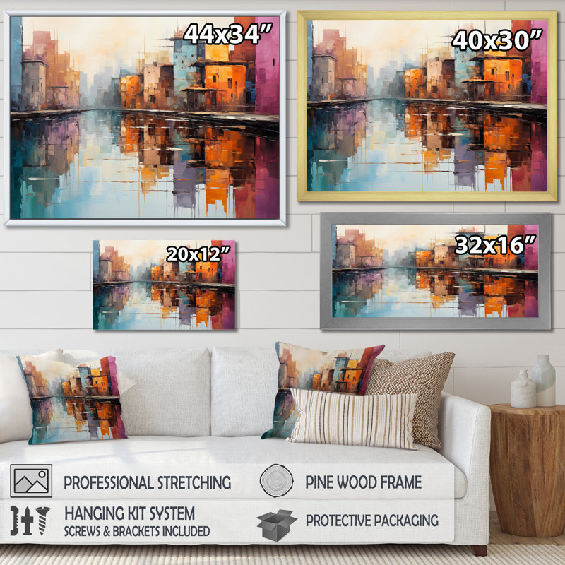 Orange Canal Abstract Reflections Bold, impression sur toile encadrée, Cadre flottant noir, H 12 po x l 20 po x P 1 po