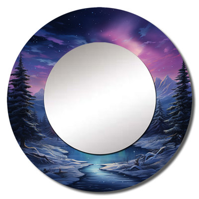 Northern Lights V - Aurora Borealis Decorative Mirror, Pink Round Wall Mirror, Printed Metal Art