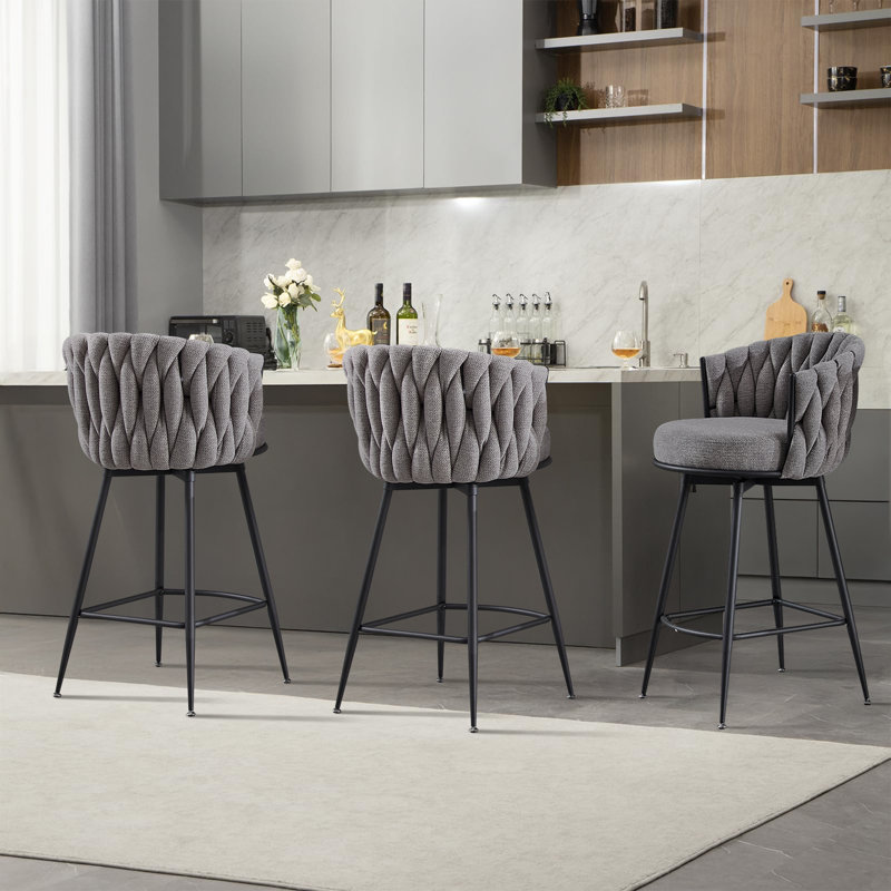 Swivel Bar Stool With Curved Weaving Design, Gray