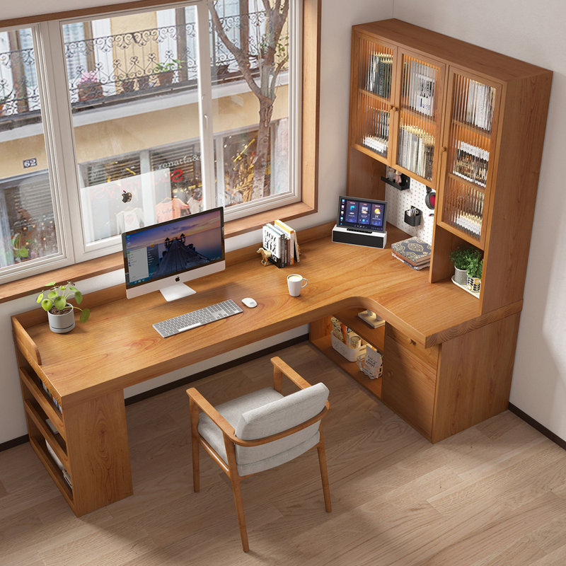 Bureau d'écriture brun en L en bois massif avec 1 tiroir, Retour à droite, H 72,83 po x l 62,99 po x P 47,24 po