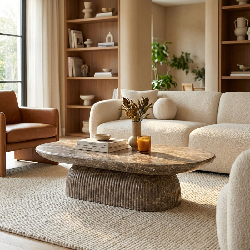 Table basse Tithi en forme de pilule effet pierre d'inspiration romaine, Marbre Emperador