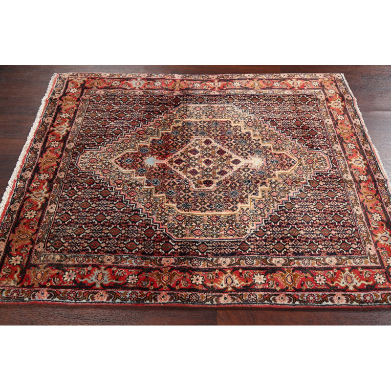 Tapis unique en laine noué à la main rouge / beige nouvel âge 3 pi 11 po x 4 pi 11 po Hamond