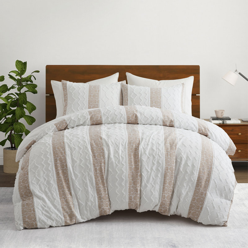 Boho Textured Duvet Cover Set, 3-Piece Lightweight Geometric Stripe Bedding Set with Zipper Closure & Corner Ties, Soft Microfiber Bohemian Chic Bed Set, Includes 2 Pillow Shams (Queen, Beige/White)