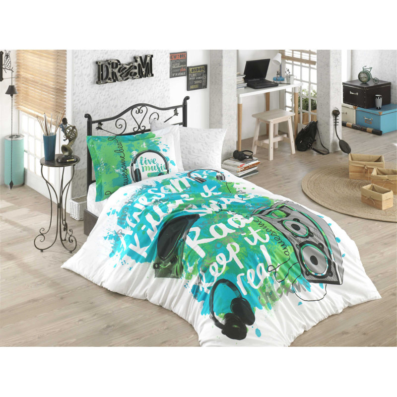 Ensemble de housse de couette 100% coton 3 pièces Danek, Vert