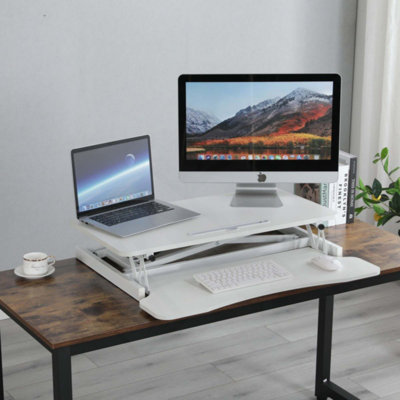 Desk Converter, Height Adjustable Sit To Stand Riser, Dual Monitor And Laptop Workstation With Wide Keyboard Tray, Standing Computer Desk
