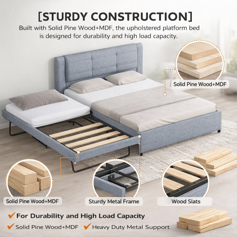 Full Size Platform Bed with Pop-up Trundle, Gray
