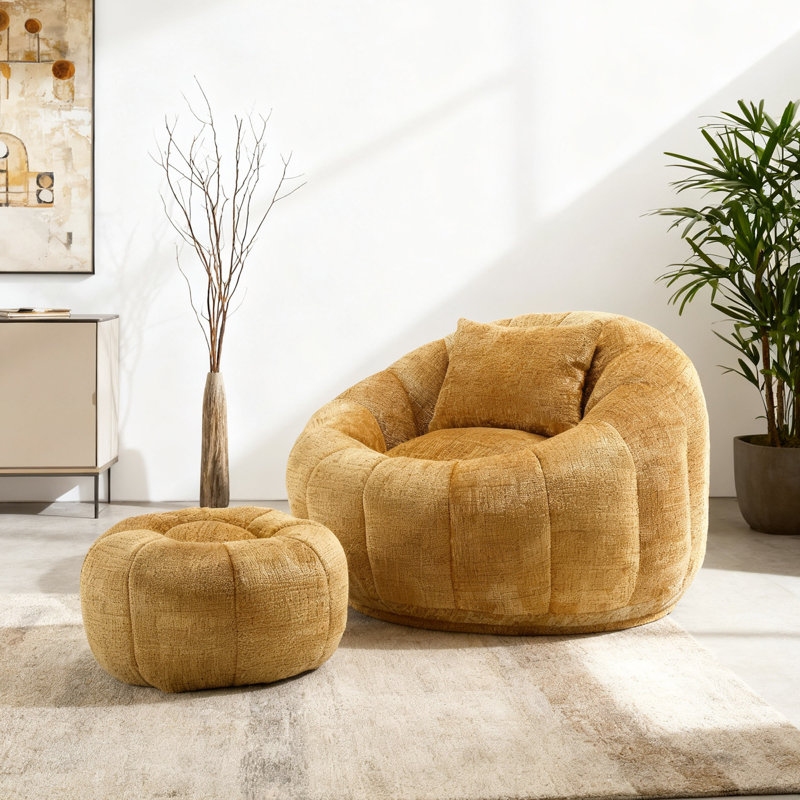 Fauteuil à billes en chenille moderne avec repose-pieds assorti, Chenille jaune