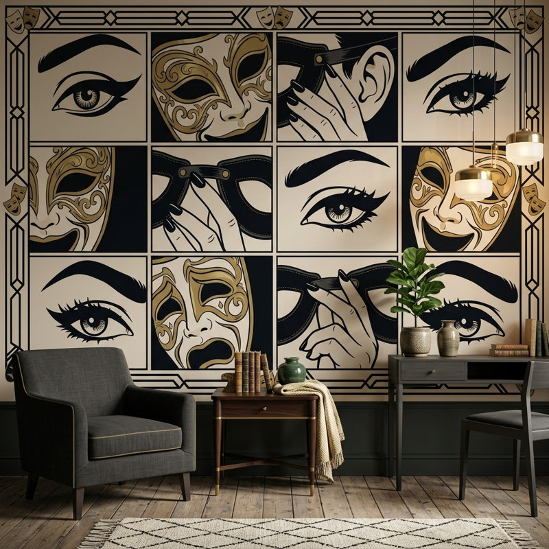 Masquerade Wallpaper Art Deco Theatre Masks Removable Wall Decor, Non-Woven Nonpasted, 140"x108"