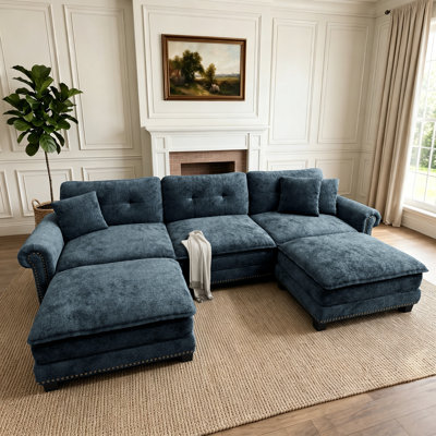 Canapé modulaire de 116 po avec 2 repose-pieds, surdimensionné et profond en chenille avec garniture cloutée