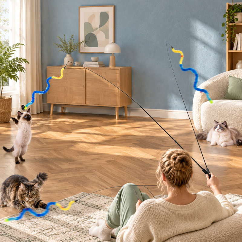 Cet ensemble de 9 jouets à mâcher rétractables en peluche, composé de longues baguettes interactives pour faire faire de l'exercice aux chatons d'intérieur, comprend une cloche et une ficelle.