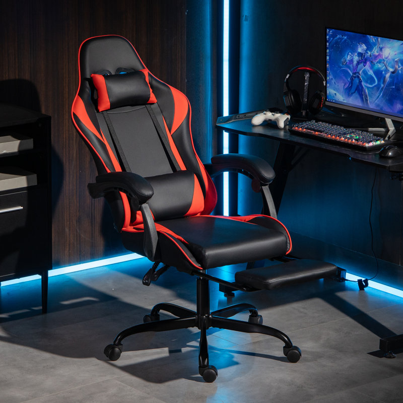 Fauteuil de jeu ergonomique inclinable en similicuir, pivotant et jeu vidéo de massage avec repose-pieds, Rouge / Noir