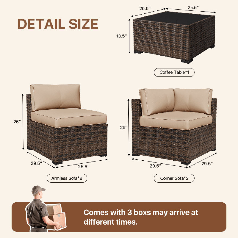 Ensemble de conversation modulaire en rotin avec coussins 11 pièces , Beige, Brun