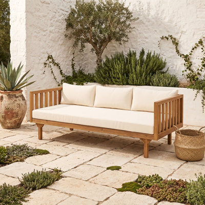 Acacia Wood 3-Seater Outdoor Daybed with 3 Water-Resistant Cushions and Open Slat Backrest