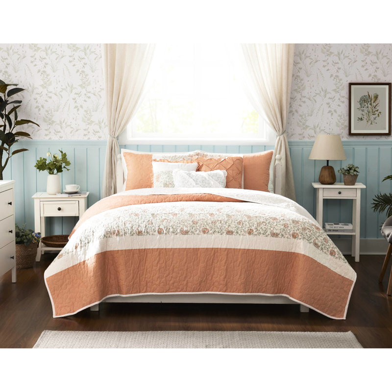 Courtepointe réversible 6 pièces - Corail très grand / très grand coton, décor de chambre à coucher, 3 coussins décoratifs