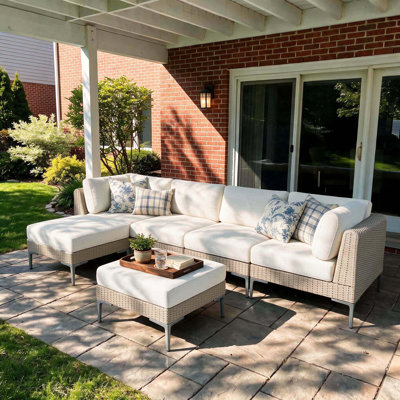  Ensemble de conversation pour canapé modulaire d'extérieur en rotin 6 pièces avec conversation et coussins épais pour la pelouse et le jardin
