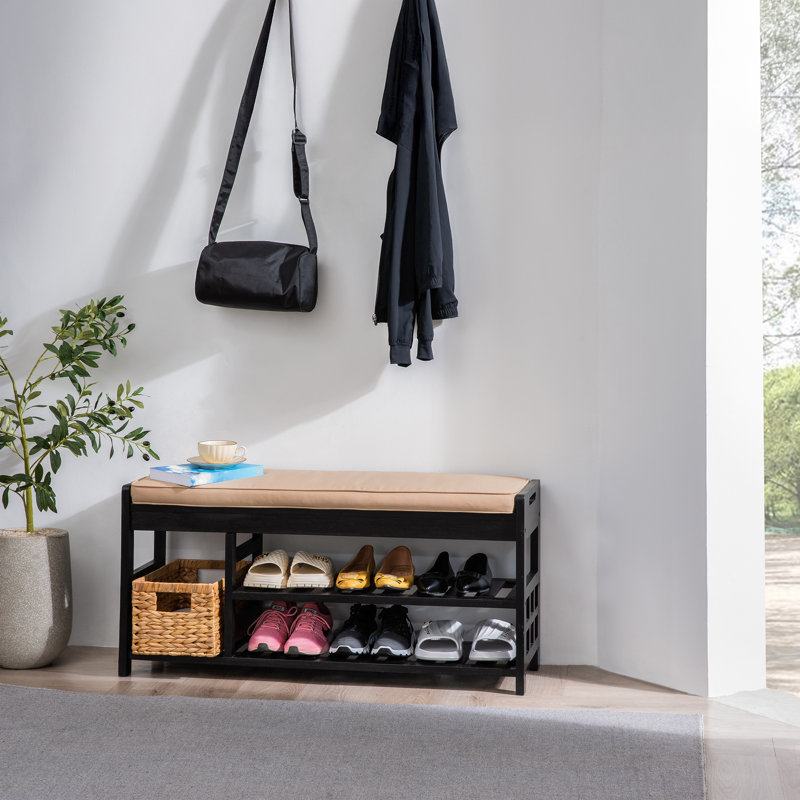 Solid Wood Shoe Storage Bench with Cushion, Black
