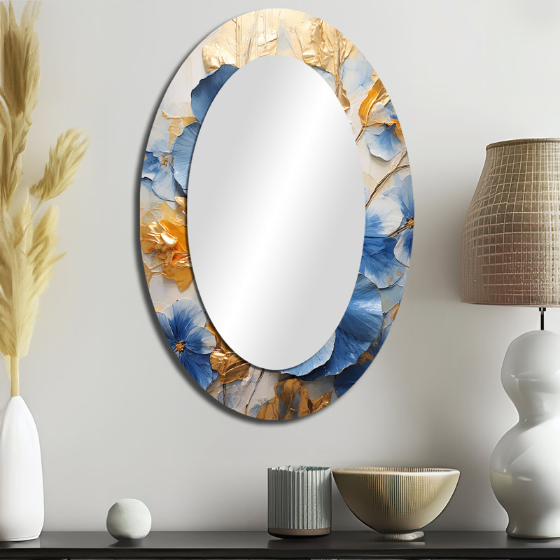 Miroir mural ovale bleu et doré, H 36 po x l 24 po