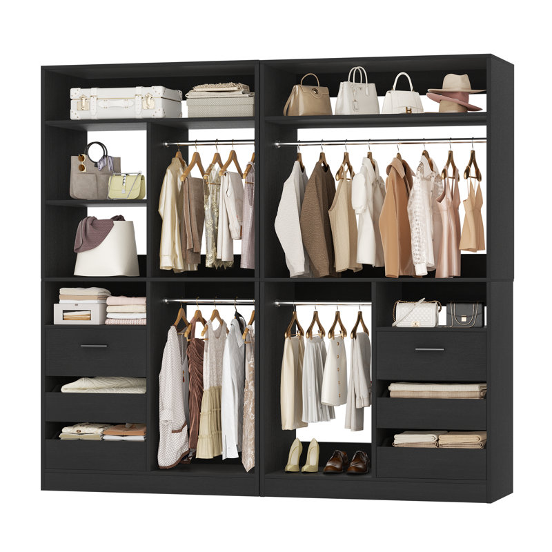 72"Closet System With 6 Drawers And 4 Rods, Black