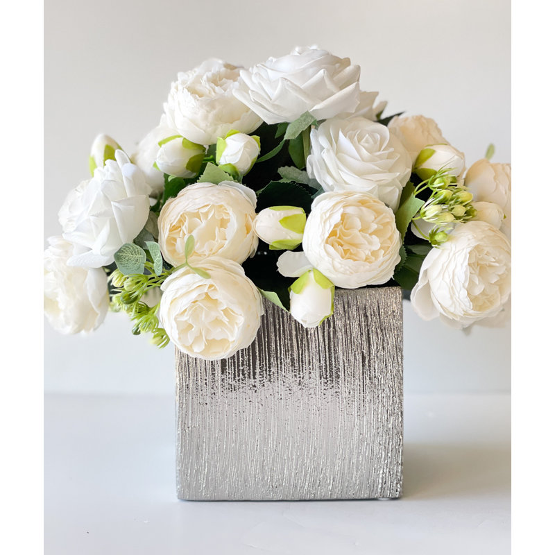 Arrangement de pivoines, centre de table artificiel français, Argent argent