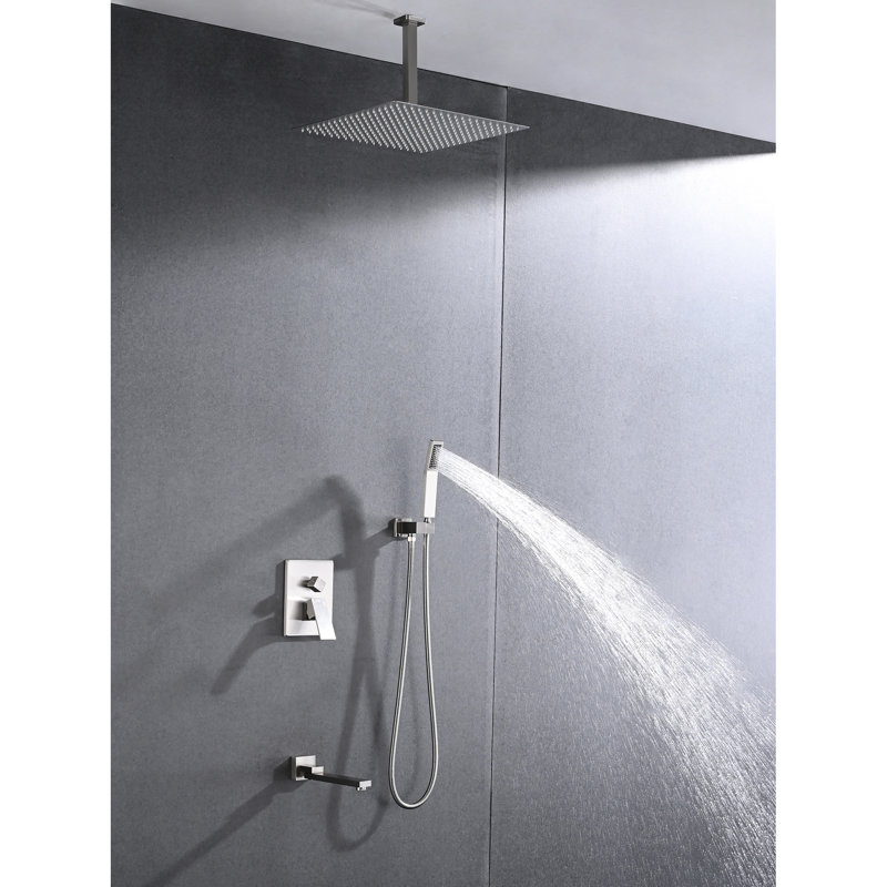 Brushed Nickel Ceiling Mounted Shower With Self-Cleaning 16" Head And Handheld, Stainless Steel - Mounted, Handheld For Natural Nozzle Workability