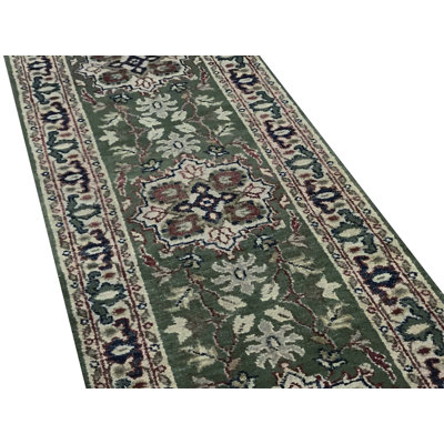 Hand-Knotted High-Quality Green and Beige Runner