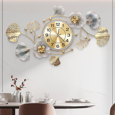 Horloges pour le salon, grande horloge murale, horloge murale silencieuse en 3D, conception de feuille de ginkgo en métal rétro, pour horloges murales décoratives de cuisine de chambre à coucher (32 po x 18 po)