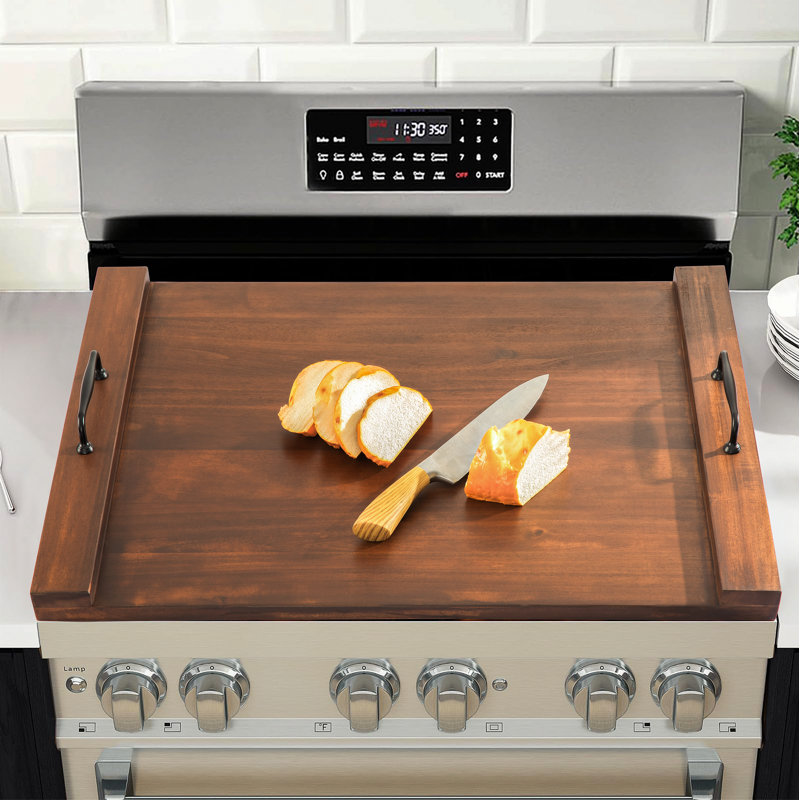 Solid Wood Stove Top Cover with Handle, Brown