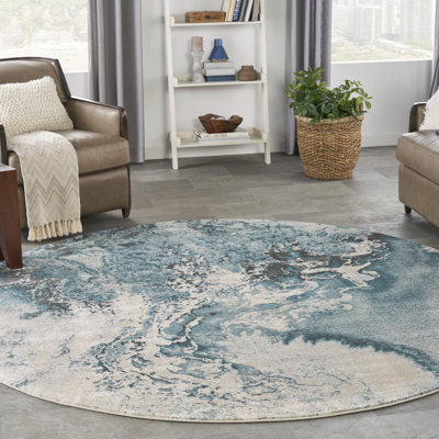 Tapis bleu / gris en polyester abstrait tissé à la machine