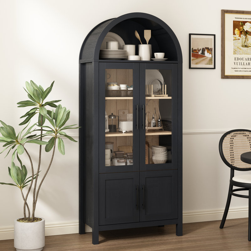 Bibliothèque arquée 71 "avec portes en verre - Vitrine polyvalente et armoire de rangement pour garde-manger, Noir