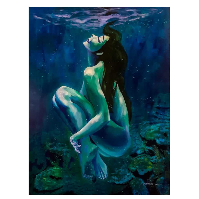 Dame posant sous l'eau | Acrylique sur toile | Par Debrata Basu
