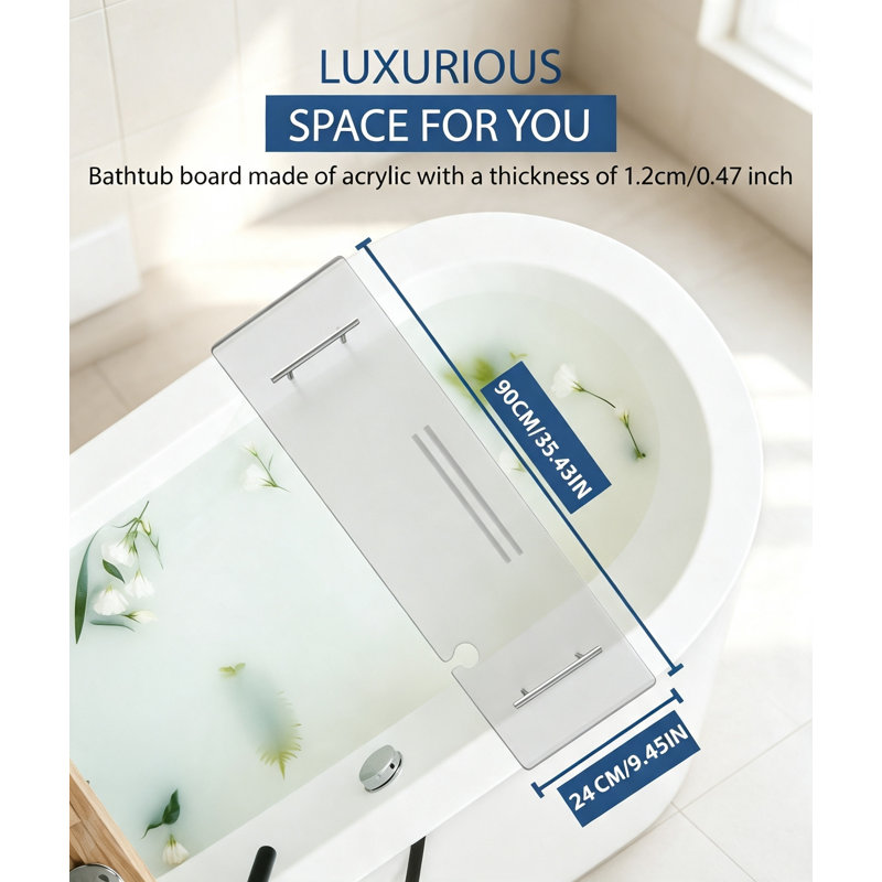 Plateau de baignoire en acrylique transparent de 90 cm avec porte-livres et porte-bouteilles, 0.47" H x 35.43" W x  9.45" D