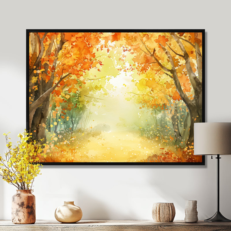 «Autumn Golden Glade Forest - Autumn Landscape», reproduction sur toile, H 12 po x l 20 po, Reproduction avec cadre flottant