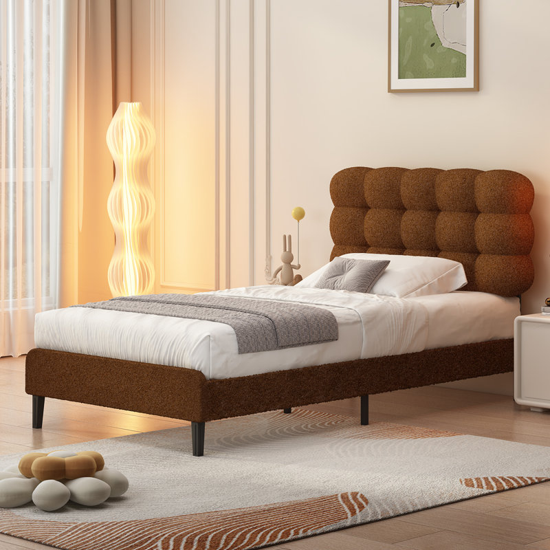 Aadi Upholstered Headboard, Platform Bed with Strong Wooden Slats Support, Two Bed Forms Design, Twin, Brown