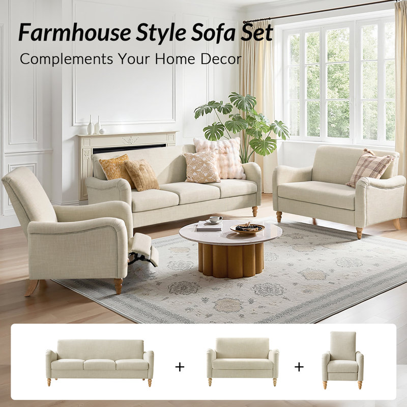 Terren 3-Piece Farmhouse Living Room Set with Solid Wood Spindle Legs, Linen