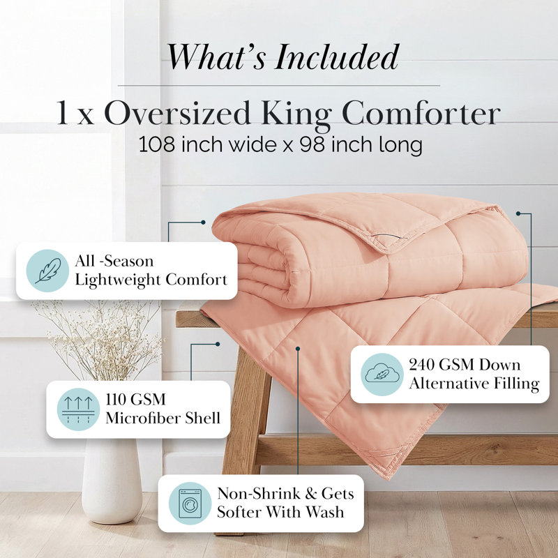 Vilano Springs ® Oversized Down Alternative Comforter with piped Edging and corner loops, Easy care, King Comforter, Blush