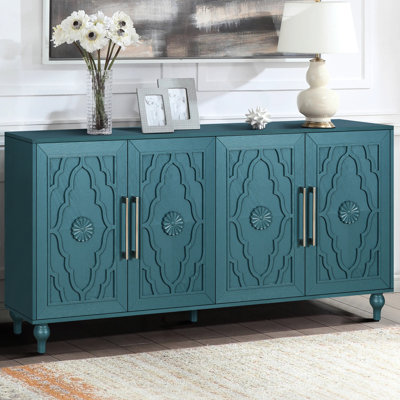 Modern Console With Metal Handle & Charming Flower Doors For Entryway - Navy Blue 63'' Large Cabinet Kitchen,