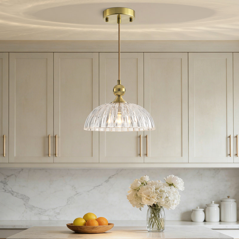 1-light Ribbed Clear Textured Glass Dome Pendant Light, Gold