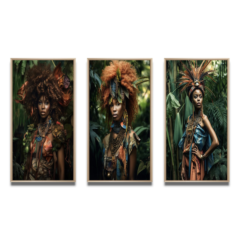 «Afropunk Haute Couture Jungle Model», 3 pièces, H 28 po x l 36 po, Cadre naturel flottant
