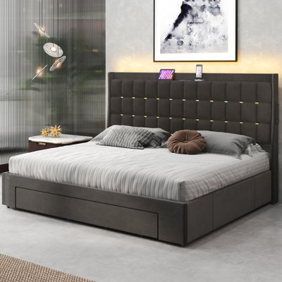 Mercer41 Velvet Upholstered Bed Frame With LED Headboard,3 Rolling Drawers And Power Outlets