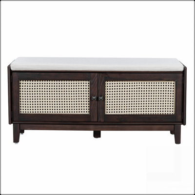 Boho Rattan Entryway Bench With Storage, Cushioned Shoe Bench With Double Doors, Wooden Shoe Organizer Bench For Entryway And Hallway