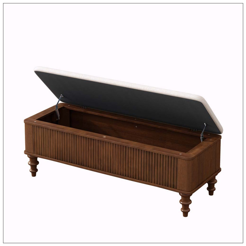 Banc de rangement avec repose-pieds en bois d'hévéa massif de 50,8 pouces avec siège en lin, Walnut