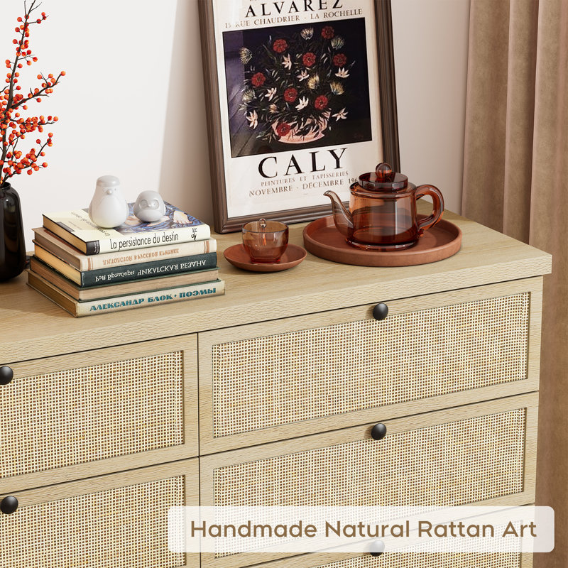 wayfair boho dresser Mid-Century Fluted 4-Drawer Dresser, Natural Wood Chest of Drawers for Bedroom, Boho Storage Organizer George Oliver