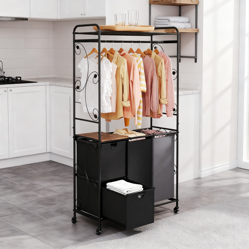 Panier à linge roulant à 2 niveaux avec support de suspension amovible, 4 paniers de rangement amovibles pour la salle de bain de la chambre à coucher