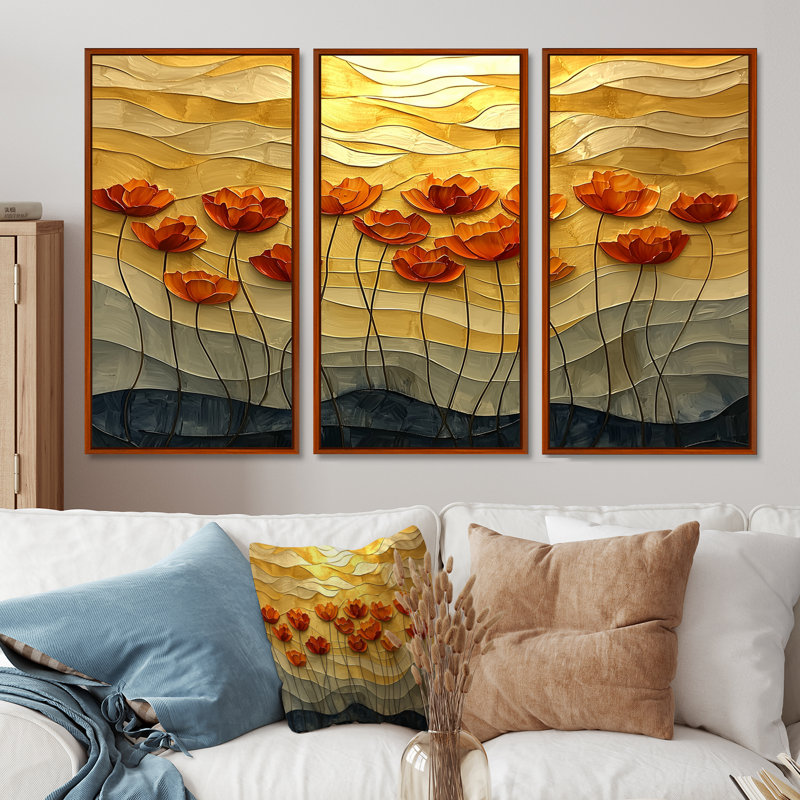 Coucher de soleil sur les vagues de coquelicots I - art mural coquelicots - ensemble de 3, H 28 po x l 36 po, Brun