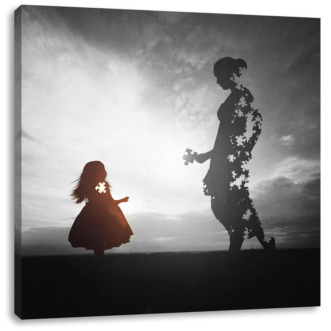 Leinwandbild Silhouette Puzzle Mother and Child B&W Detail