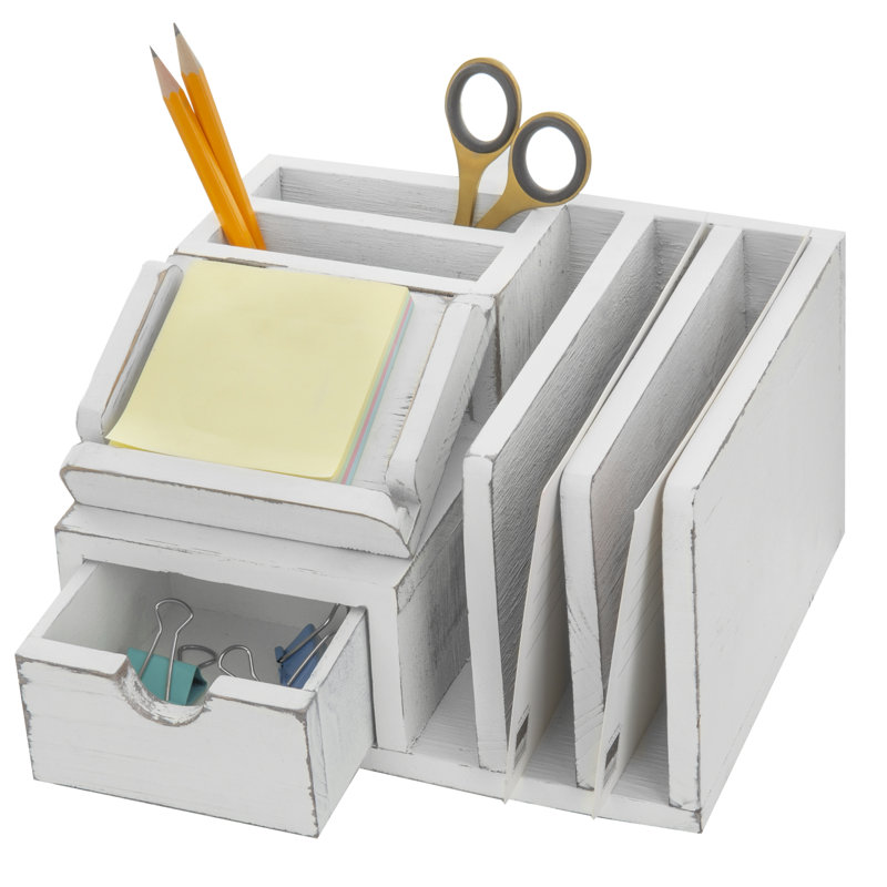 Isocrates Solid Wood Desk Organiser, Whitewashed