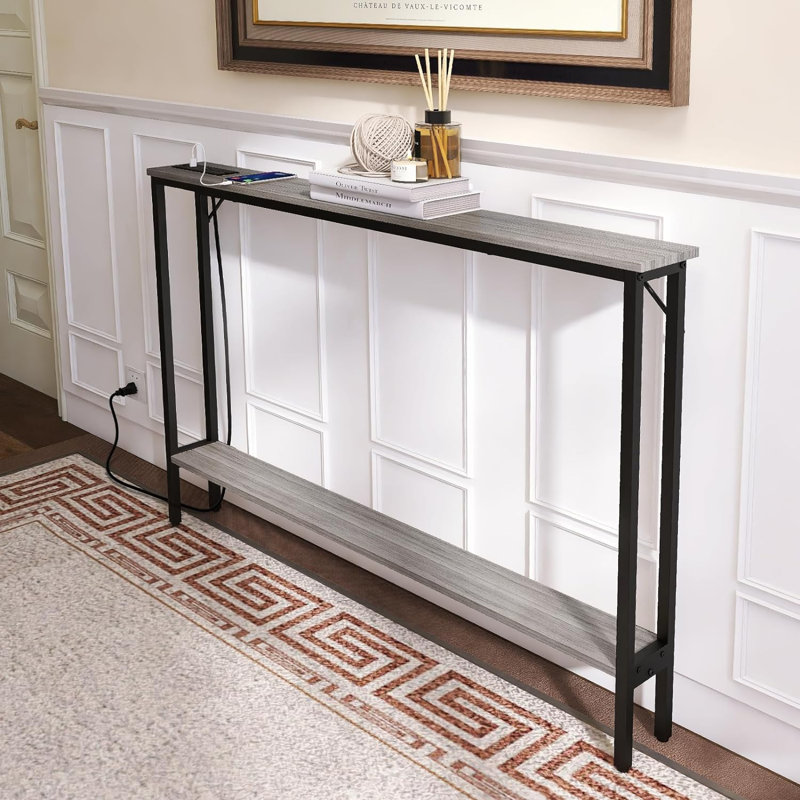 Sofa Table with Outlet and USB Port, 48" Console Behind Couch Table with Steel Frame,Grey