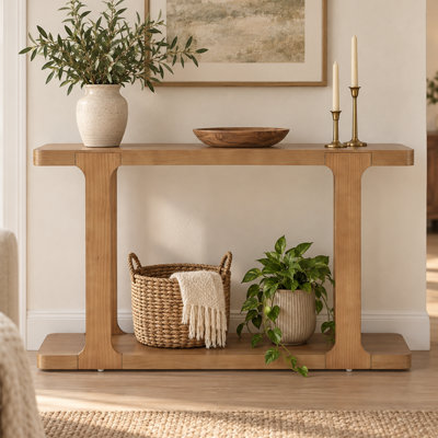 Modern Organic Rounded Edge Pine Veneer Open Shelf Solid Wood Leg Console Table for Foyer Living Room Hallway and Sofa Back