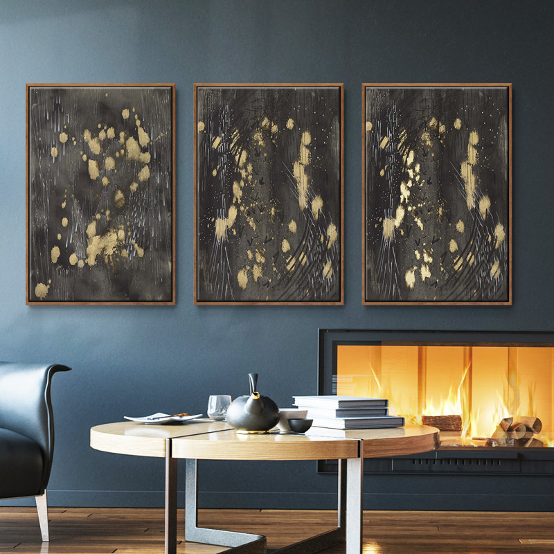 Cosmic Downpour - Ensemble de 3 cadres flottants sur toile, H 40 po x l 78 po, Noyer