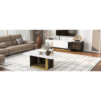 VIBE HAUS Modern Light Luxury TV Stand And Coffee Table Set Of 2, Modern TV Console,Wood Center Tables With Spacious Top, Storage Cabinet & Open Adjustable Shelves For Living Room